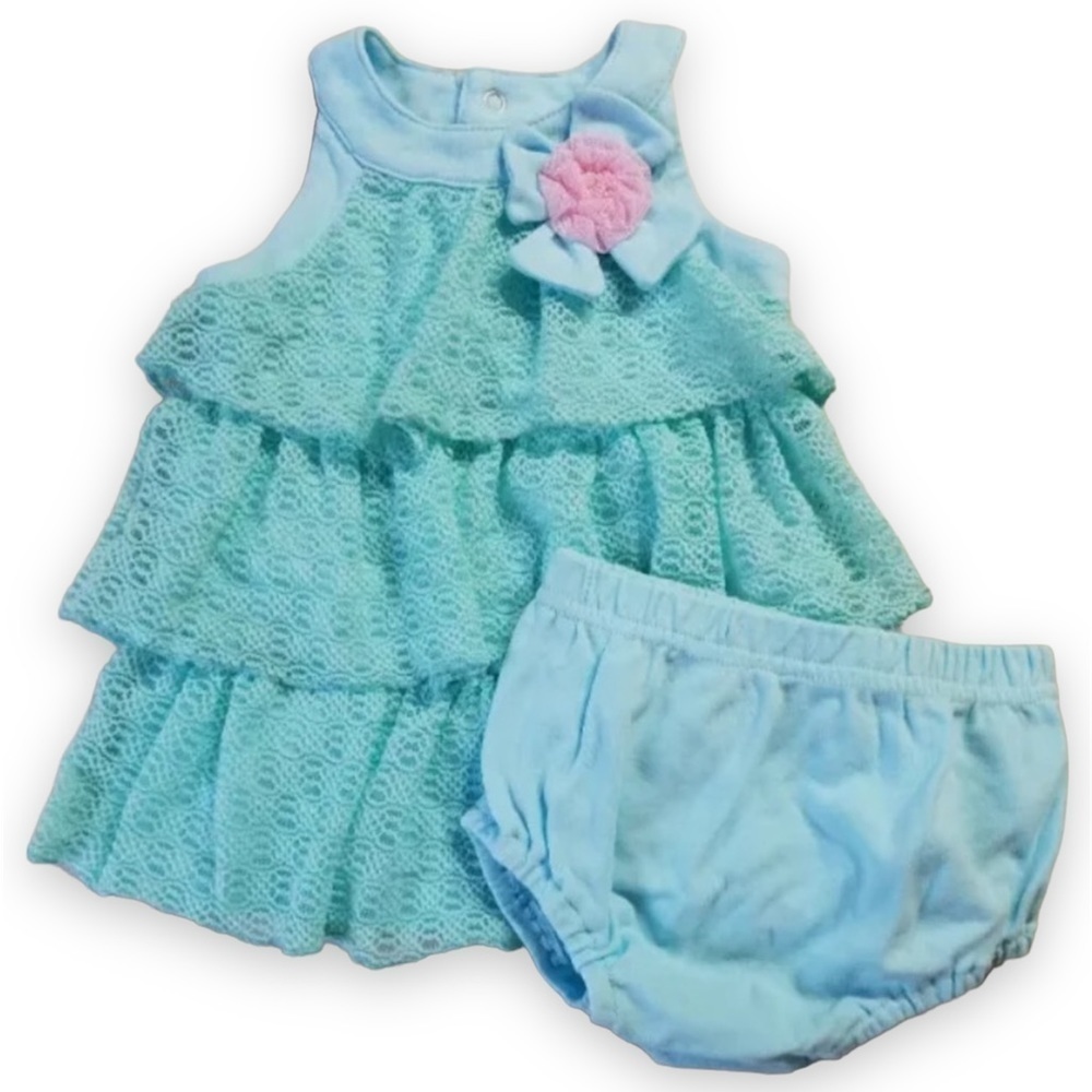 BABY Essentials Aqua Tiered Lace Dress‎ Set 3 mo.